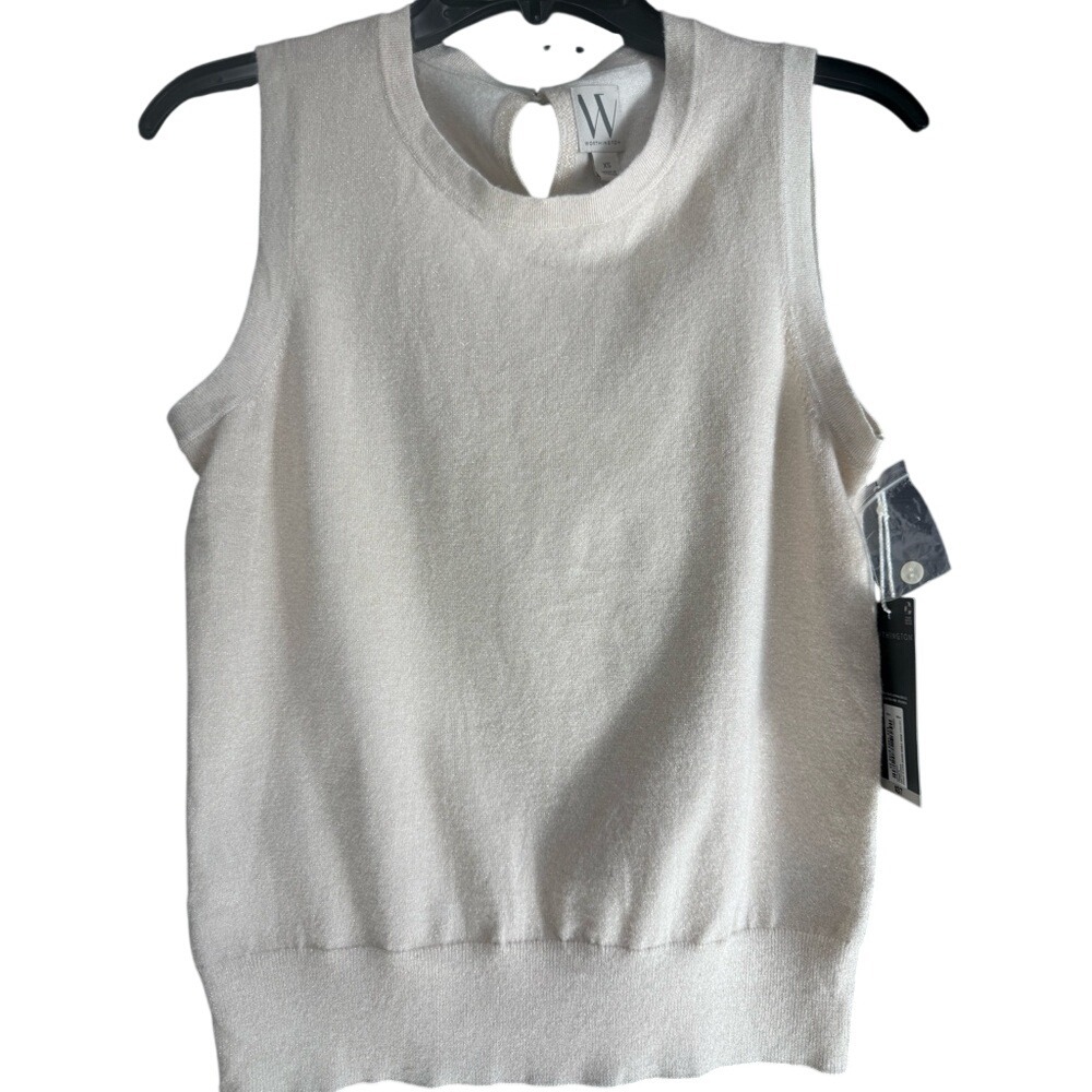Worthington Champagne Metallic Sleeveless Sweater Shell Keyhole Back XS NWT - Picture 2 of 8